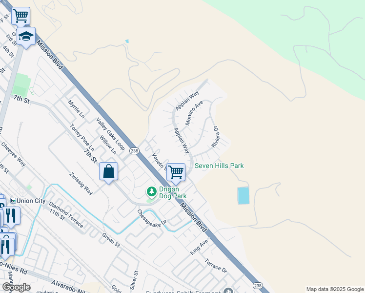 map of restaurants, bars, coffee shops, grocery stores, and more near 238 Appian Way in Union City