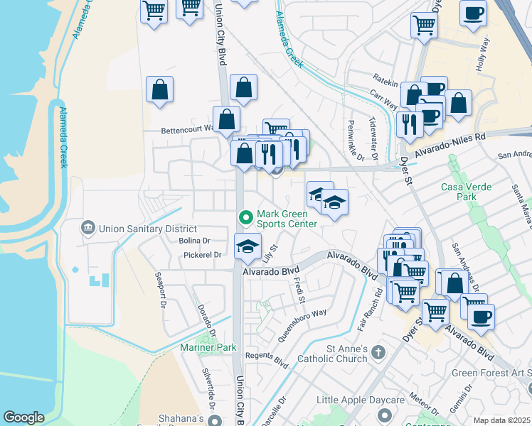 map of restaurants, bars, coffee shops, grocery stores, and more near 3900 Horner Street in Union City