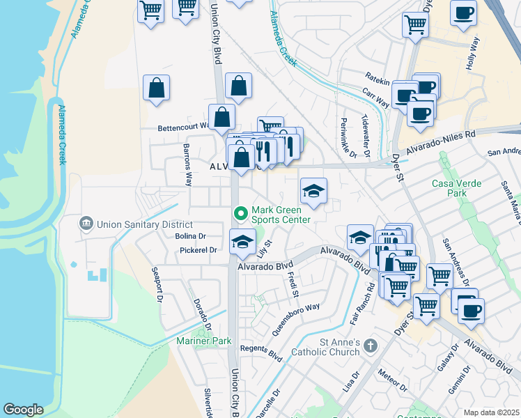 map of restaurants, bars, coffee shops, grocery stores, and more near 3900 Horner Street in Union City
