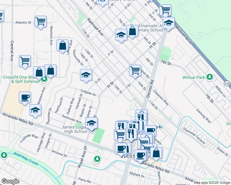 map of restaurants, bars, coffee shops, grocery stores, and more near 33854 14th Street in Union City