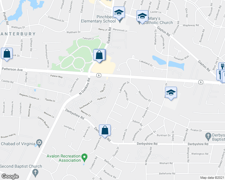 map of restaurants, bars, coffee shops, grocery stores, and more near 1219 Hyde Lane in Richmond