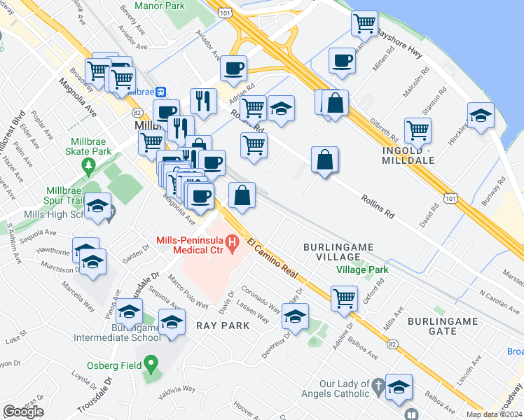 map of restaurants, bars, coffee shops, grocery stores, and more near 1733 California Drive in Burlingame