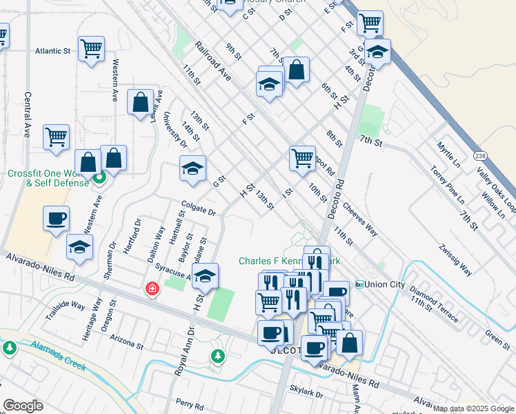 map of restaurants, bars, coffee shops, grocery stores, and more near 33854 14th Street in Union City