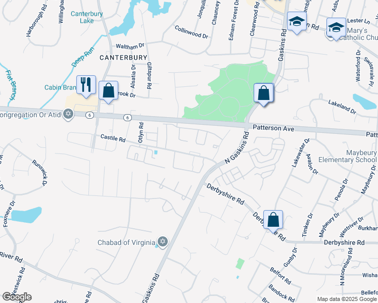 map of restaurants, bars, coffee shops, grocery stores, and more near 10020 Castile Road in Henrico