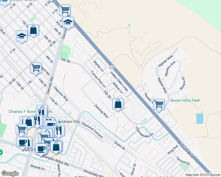 map of restaurants, bars, coffee shops, grocery stores, and more near 34333 Torrey Pine Lane in Union City