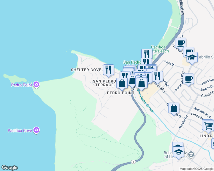 map of restaurants, bars, coffee shops, grocery stores, and more near 271 Stanley Avenue in Pacifica