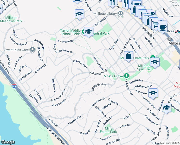 map of restaurants, bars, coffee shops, grocery stores, and more near Hillcrest Boulevard in Millbrae