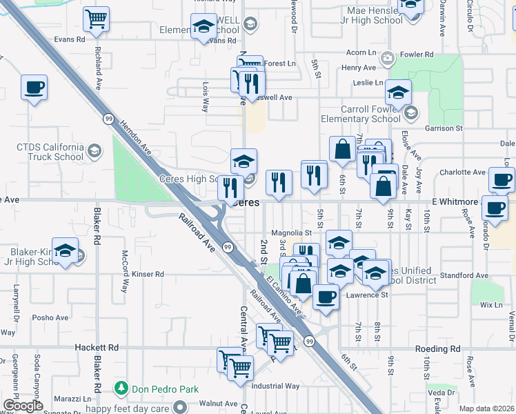 map of restaurants, bars, coffee shops, grocery stores, and more near 2504 2nd Street in Ceres