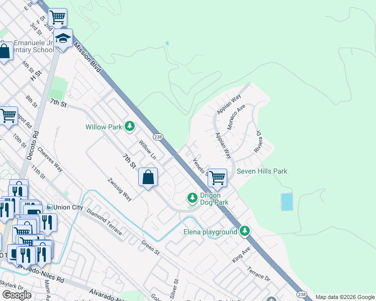 map of restaurants, bars, coffee shops, grocery stores, and more near 241 Donoso Plaza in Union City