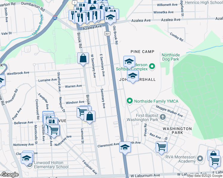 map of restaurants, bars, coffee shops, grocery stores, and more near 1000 Westminster Avenue in Richmond