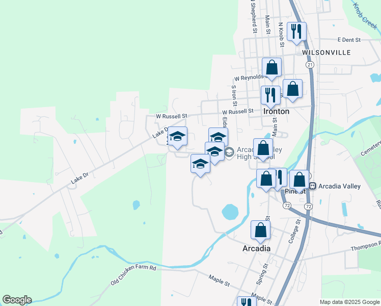 map of restaurants, bars, coffee shops, grocery stores, and more near 650 West Park Drive in Ironton