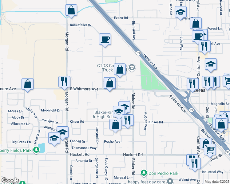 map of restaurants, bars, coffee shops, grocery stores, and more near 1578 East Whitmore Avenue in Ceres