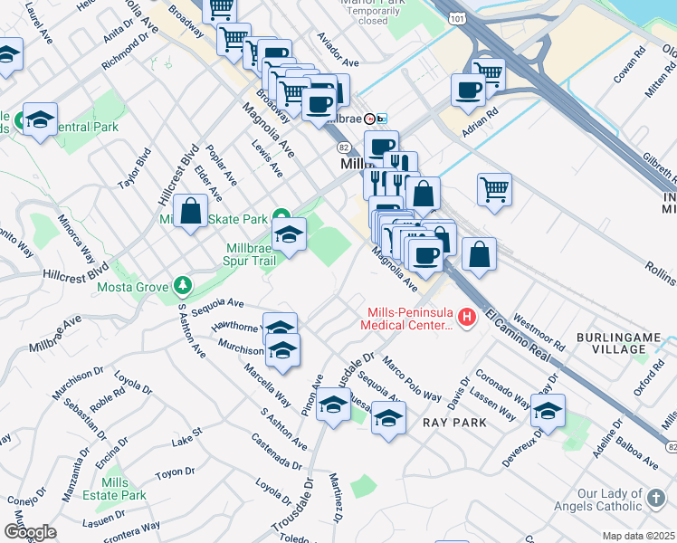 map of restaurants, bars, coffee shops, grocery stores, and more near 400 Murchison Drive in Millbrae