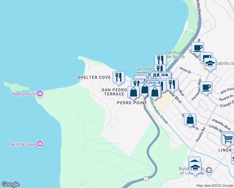 map of restaurants, bars, coffee shops, grocery stores, and more near 271 Stanley Avenue in Pacifica