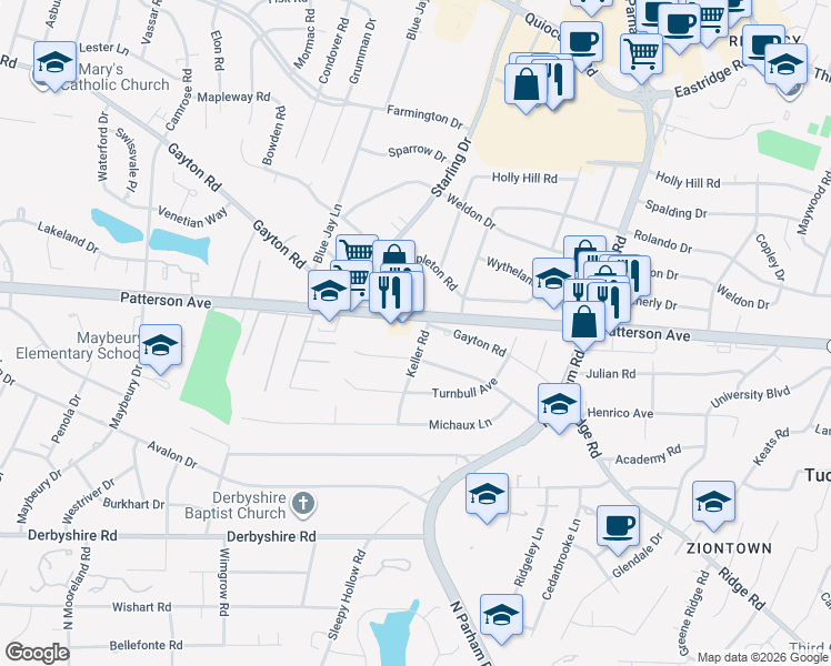 map of restaurants, bars, coffee shops, grocery stores, and more near 8821 Gayton Road in Richmond