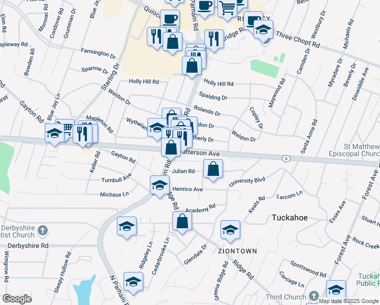map of restaurants, bars, coffee shops, grocery stores, and more near 8539 Patterson Avenue in Richmond