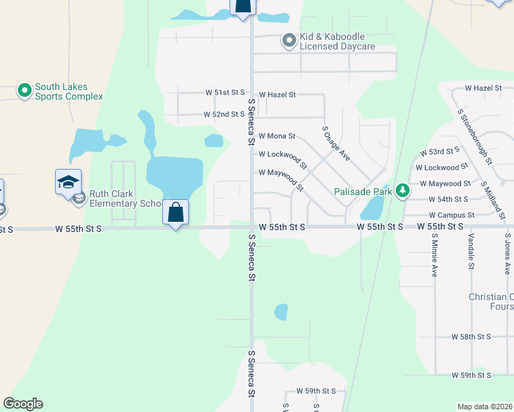 map of restaurants, bars, coffee shops, grocery stores, and more near 5530 South Seneca Street in Wichita