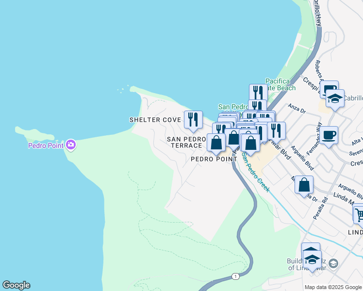 map of restaurants, bars, coffee shops, grocery stores, and more near 252 Stanley Avenue in Pacifica