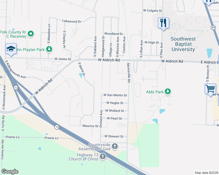 map of restaurants, bars, coffee shops, grocery stores, and more near 2199 South Village Lane in Bolivar
