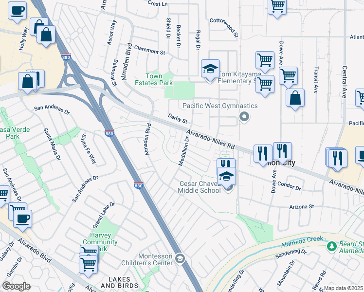 map of restaurants, bars, coffee shops, grocery stores, and more near 2189 Medallion Drive in Union City