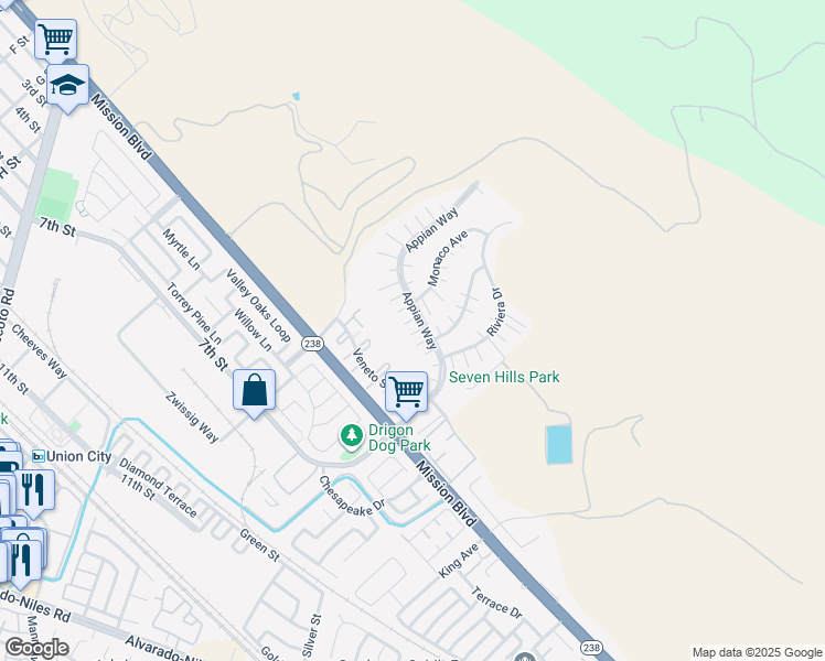 map of restaurants, bars, coffee shops, grocery stores, and more near 238 Appian Way in Union City