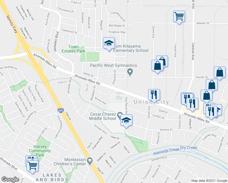 map of restaurants, bars, coffee shops, grocery stores, and more near 2609 Great Arbor Way in Union City