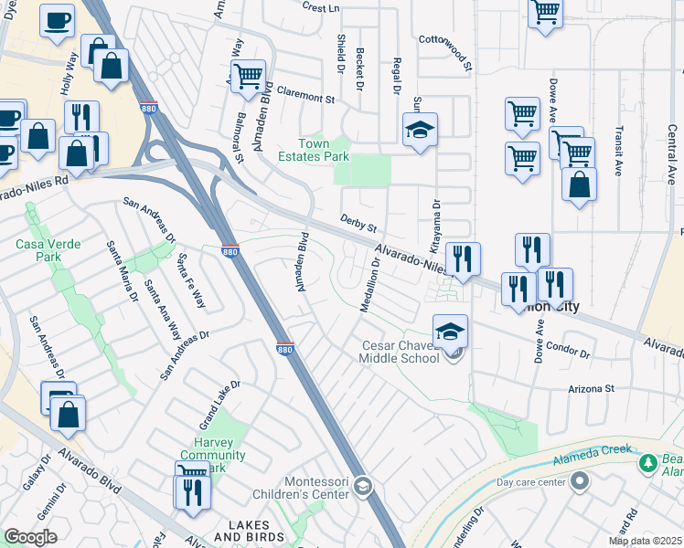 map of restaurants, bars, coffee shops, grocery stores, and more near 2147 Eric Court in Union City