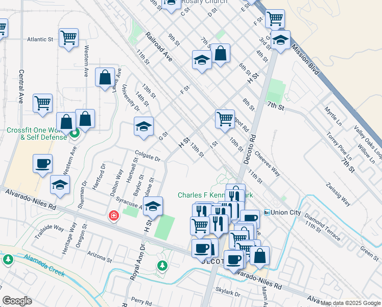 map of restaurants, bars, coffee shops, grocery stores, and more near 33846 14th Street in Union City