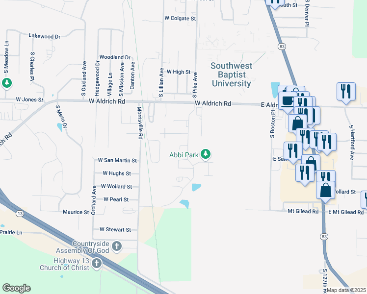 map of restaurants, bars, coffee shops, grocery stores, and more near 332 Aspen Street in Bolivar