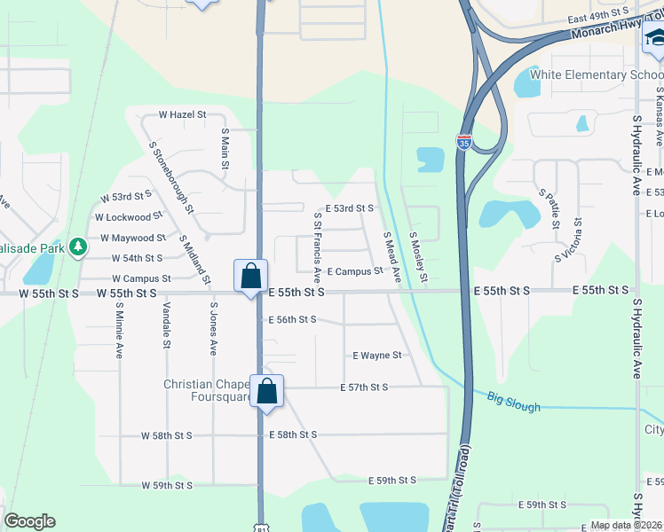 map of restaurants, bars, coffee shops, grocery stores, and more near 518 East Campus Street in Wichita