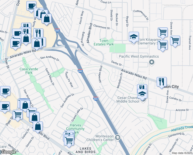 map of restaurants, bars, coffee shops, grocery stores, and more near 32100 Almaden Boulevard in Union City