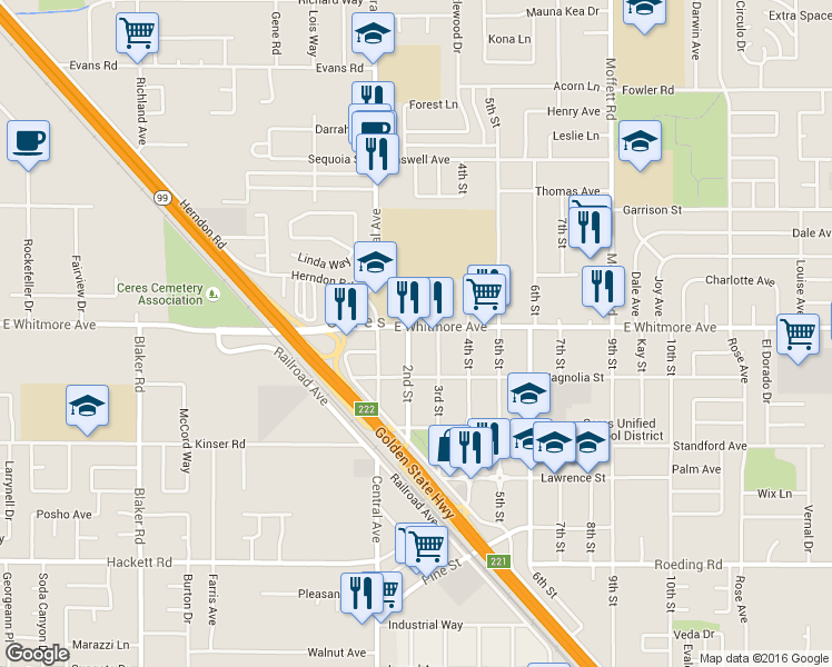 map of restaurants, bars, coffee shops, grocery stores, and more near 2504 2nd Street in Ceres