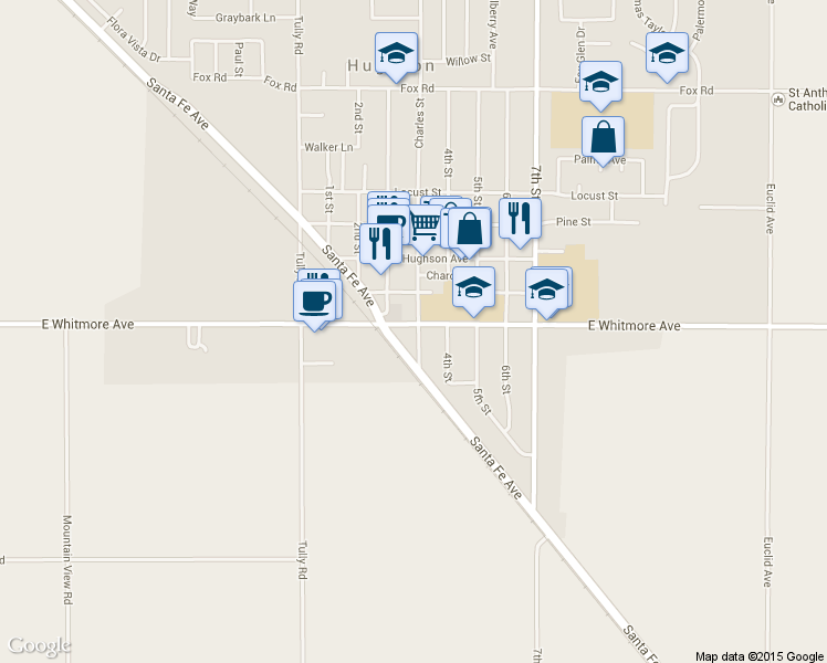 map of restaurants, bars, coffee shops, grocery stores, and more near 6930 East Whitmore Avenue in Hughson
