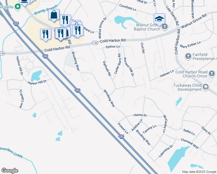 map of restaurants, bars, coffee shops, grocery stores, and more near 7110 White Pine Court in Mechanicsville