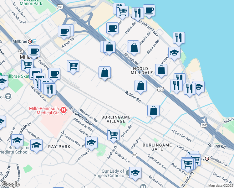 map of restaurants, bars, coffee shops, grocery stores, and more near 1635 Rollins Road in Burlingame