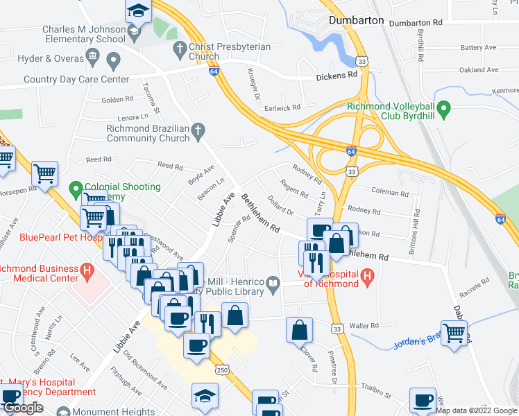 map of restaurants, bars, coffee shops, grocery stores, and more near 5008 Bethlehem Road in Richmond