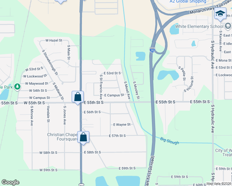map of restaurants, bars, coffee shops, grocery stores, and more near 5521 South Santa Fe Street in Wichita