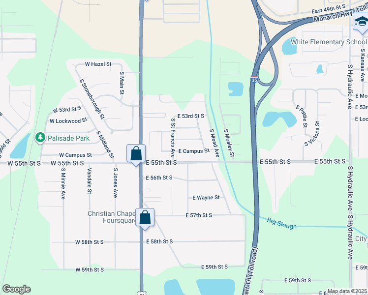 map of restaurants, bars, coffee shops, grocery stores, and more near 524 East Campus Street in Wichita