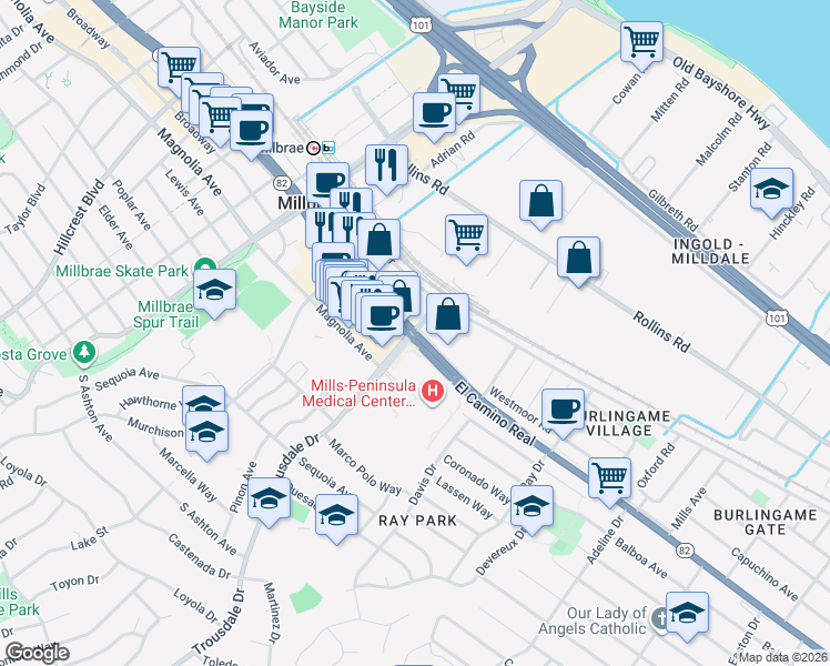 map of restaurants, bars, coffee shops, grocery stores, and more near El Camino Real & Trousdale Dr in Burlingame