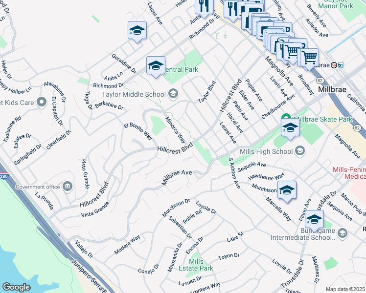 map of restaurants, bars, coffee shops, grocery stores, and more near 930 Hillcrest Boulevard in Millbrae