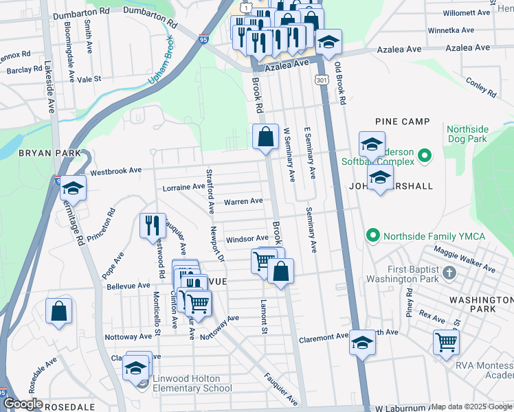 map of restaurants, bars, coffee shops, grocery stores, and more near 1209 Warren Avenue in Richmond