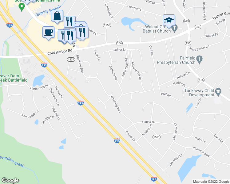 map of restaurants, bars, coffee shops, grocery stores, and more near 7110 White Pine Court in Mechanicsville