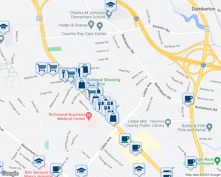 map of restaurants, bars, coffee shops, grocery stores, and more near 5811 Indigo Road in Richmond