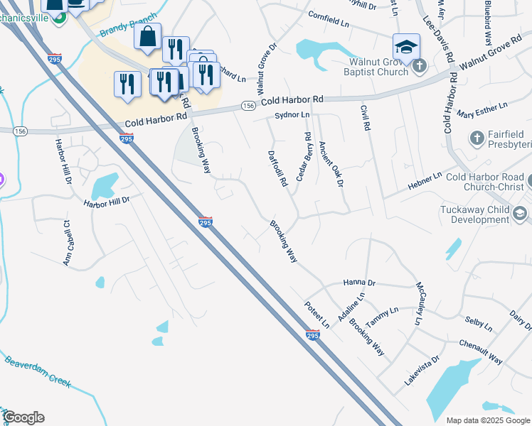 map of restaurants, bars, coffee shops, grocery stores, and more near 7140 Brooking Way in Mechanicsville