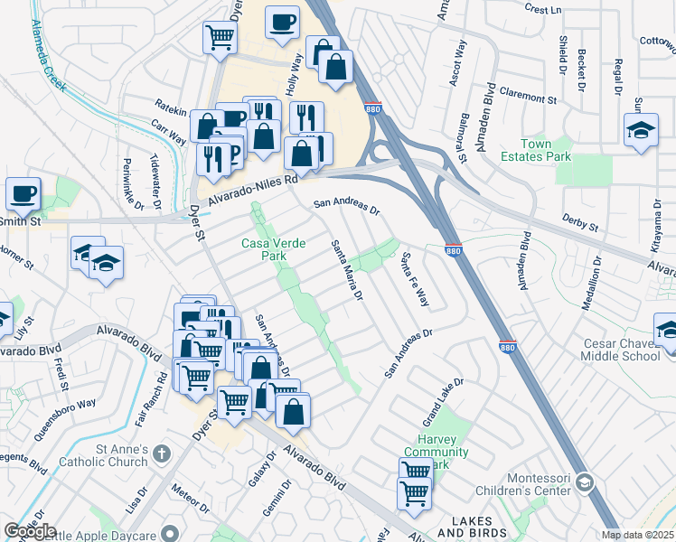 map of restaurants, bars, coffee shops, grocery stores, and more near 3141 San Joaquin Way in Union City