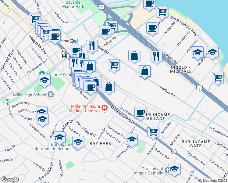 map of restaurants, bars, coffee shops, grocery stores, and more near 1733 California Drive in Burlingame