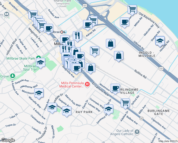 map of restaurants, bars, coffee shops, grocery stores, and more near 1766 El Camino Real in Burlingame
