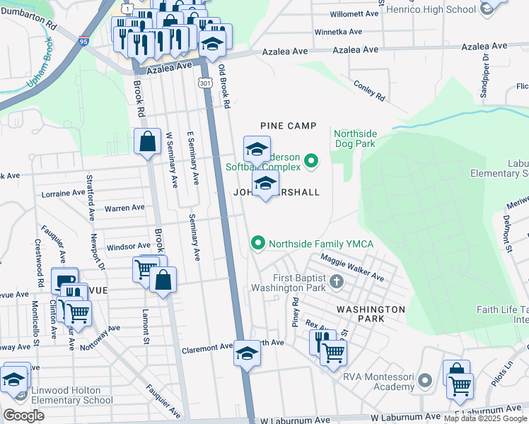 map of restaurants, bars, coffee shops, grocery stores, and more near 4225 Old Brook Road in Richmond