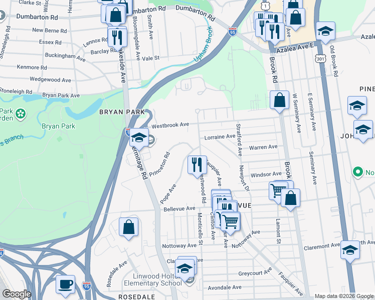 map of restaurants, bars, coffee shops, grocery stores, and more near 1604 Pope Avenue in Richmond