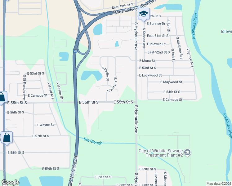 map of restaurants, bars, coffee shops, grocery stores, and more near 5546 South Victoria Court in Wichita